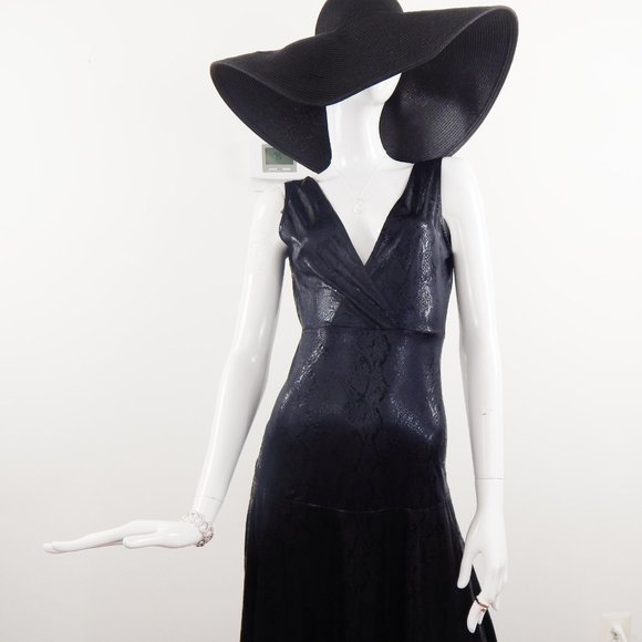 Maxi Dress Black ANIMAL SNAKE PRINT FOIL Sleeveless Slit V Neckline - Picture 8 of 9